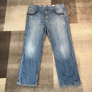 Y2K Phat Farm Men Baggy Loose Fit Blue Jean Studded Embroidered 40x31 Whiskering